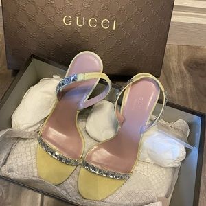 $850 Gucci Crystal Strap Heels Suede US 8.5/38.5